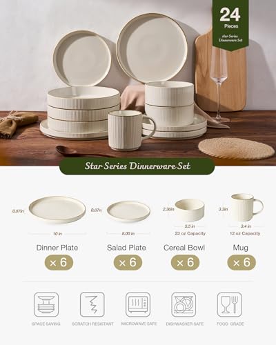 Image of Famiware Star 24-Piece Stoneware Dinnerware Sets with Trim, Service for 6 - Ceramic Mugs, Plates, Bowls, Dishes for Everyday /Party /Formal Use, Chip /Scratch Resistant, Microwave /Dishwasher Safe, White