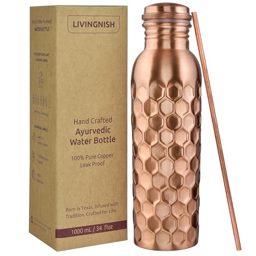 Image of 100% Pure Copper Water Bottle for Drinking 34 Oz-Honeycomb | Wide Mouth, Extra Large Ayurvedic Copper Water Bottle with Straw - Handcrafted Leak-Proof Vessel, Reusable & BPA-Free