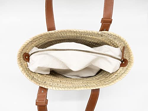 Bolso cesta de paja con asas de cuero estilo francés miniatura 5