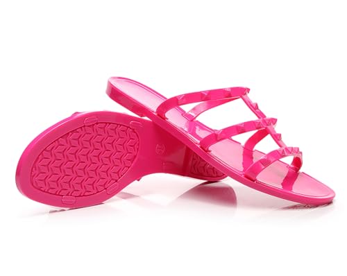 Image of Women Flats Sandals, Studded Jelly Shoes Size 9 Red Dressy Summer Beach Rivets Strappy Jellies Slide Slip On Open Toes