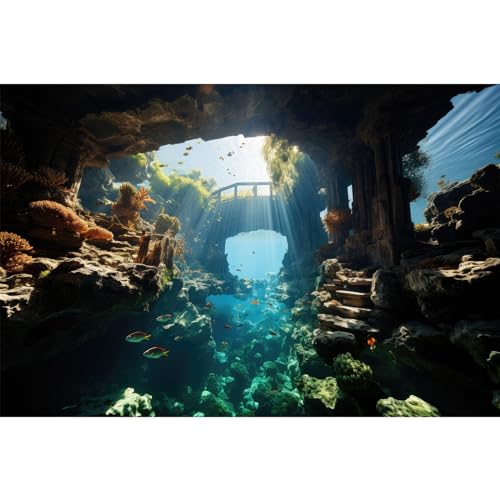 Image of Aquarium Background Aquatic Stone Pillars Vibrant Fish Lively Coral Reef Terrarium Backdrop Deep Blue Sea Under Water World Fish Tank Background Rock Sunlight Rays Wallpaper Vinyl 48x18in