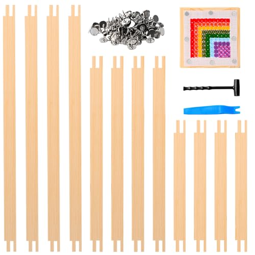 HANGOOGER 12 Pcs Needlepoint Stretcher Bars for Needlework 3 Sizes (8 12 16 Inch) with 100 Tacks 6 Sets Wooden Canvas Stretcher Bars for Embroidery Cross Stitch Sewing Frame Gift for Craft Lovers