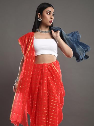 Image of AKHILAM Women's Chiffon Solid Checkered Saree With Unstitched Blouse Piece(Pink RCFL1207 SNK)