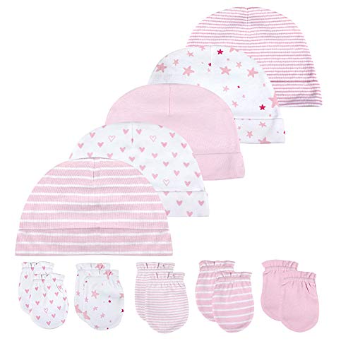 Newborn Baby Boy Baby Girl Hats 0-6 Months Unisex Organic Cotton Caps And Mittens Set 10-Piece, Pink1 #TOP6