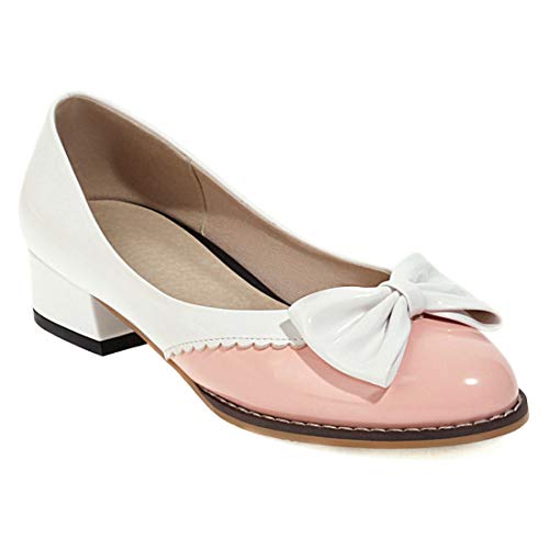 VOKLIN Women's Slip On Chunky Block Low Heeled Pump Shoes Round Toe Bow Patent Leather Two Toned Dress Shoes