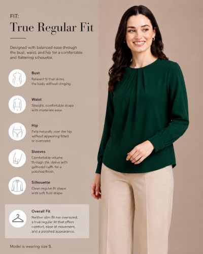 Image of Mirana Women's Full Sleeve Solid Top | Round Neck Pleated Front Regular Fit Office Casual Blouse with Button Cuffs