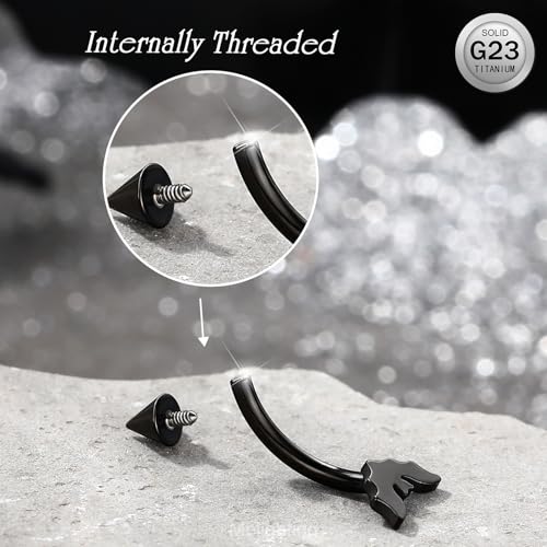 Melighting 16G Bat Rook Piercing Jewelry, G23 Solid Titanium Eyebrow Ring, Internally Threaded Vertical Labret Lip Jewellery, Black Curved Barbells, Daith Rook Earring for Women3