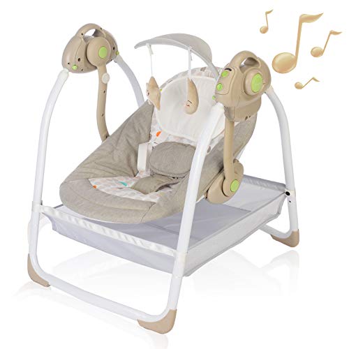 Image of Baby Swings for Infants to Toddler, Compact Baby Swing with 6 Motions, Portable Swing with Music, Sounds, Timing, Baby Rocker with 2 Toys, Plush Seat & Soft Head Support, Machine Washable (Khaki)