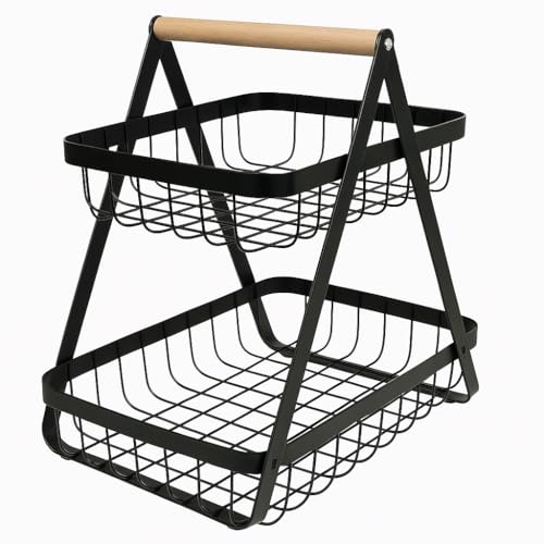 Fruteira de Mesa 2 Andares Compacta Pequena Metal Com Alça De Madeira Cesto Aramado Frutas E Legumes Para Cozinha Sala Bancada Multiuso Preta Ou Branca (Preta)