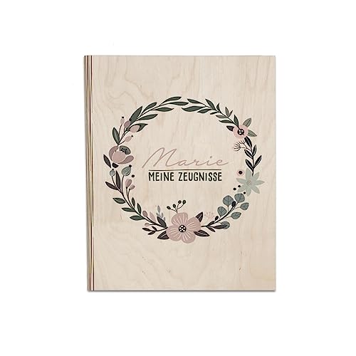 Personalisierte Zeugnismappe aus Birkenholz - Individuelles Geschenk zur Einschulung mit Namen - DIN A4 - Zeugnisringbuch Mädchen & Jungen - hellomini (Blumenkranz)