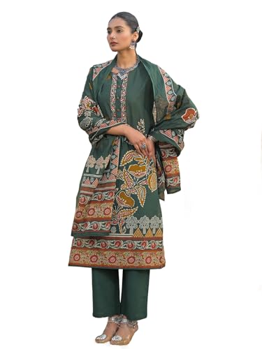 Image of INDO ERA Women's Green Pure Cotton Floral Printed Sequinned Kurta & Pant with Dupatta Set