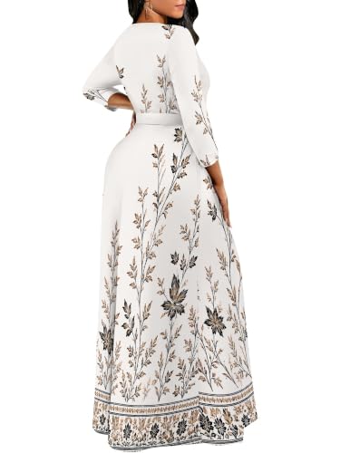 Image of Women Plus Size Long Sleeve V Neck Maxi Dress with Belt | Soft fabric relaxed fit three quarter sleeve v neck with pockets for party and daily wear