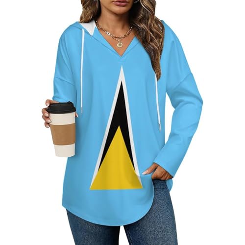 Image of Saint Lucia Flag Women's Hoodies Pullover Top Casual Shirts Tunic V Neck Sweatshirts