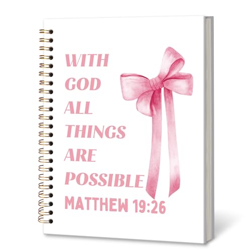 DILSJ Coquette Pink Bow Christian Notebook Journal, With God All Things Are Possible Bible Verse Scripture Journals Notebooks for Women, Preppy Pink Hardcover Spiral Notebook Journal, 5.5x8.3 Inch Writing Pads