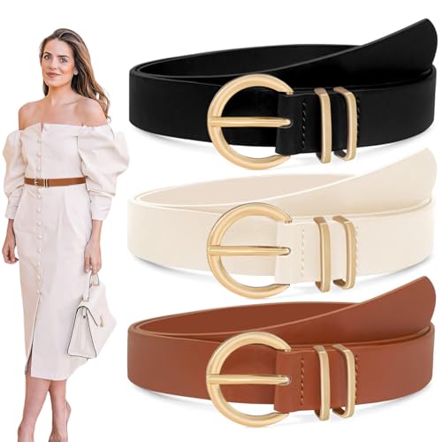 El Mejor Listado de Cinturones para Mujer del mes. 49 Glowlin Cinturón para mujer, 3Cinturones Ajustables con Hebilla Dorada para Mujer, Faldas, Pantalones, Cinturón de Moda para Vestido, Longitud 108cm