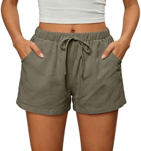 Beach Shorts for Women Vacation High Waisted Shorts Drawstring Short Pants Summer Comfy Travel Pants with Pockets Army Green - 5