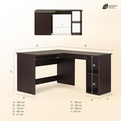 Image of Green Soul Brixton (2026 Edition) L-Shape Computer Table for Home PC, Keyboard Tray, 2 Storage Shelves, IS-3087 Engineered Wood, Expansive Tabletop, Wenge, 3 Year Assurance