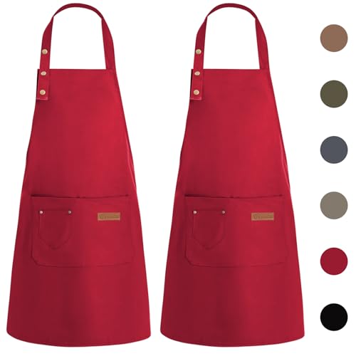 WenYa 2 Pack Kitchen Apron for Women, Unisex Adjustable Cooking Aprons with Pockets, Canvas Waterproof Apron for Home Kitchen, Restaurant, Coffee House (Burgundy)