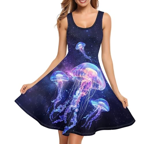 TOADDITDO Dresses for Women Jellyfish Printed Sundress Holiday Party O Neck Knee A-line Dress Casual Swing Dresses with Pockets