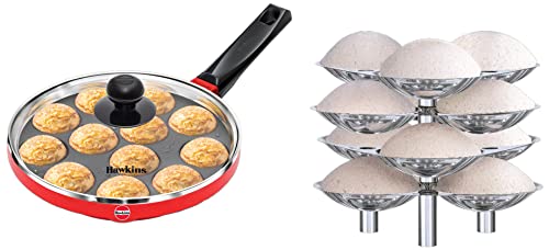 Hawkins Nonstick Appe Pan with Glass Lid, 12 Cups, Diameter 22 cm, Black (NAPE22G), Stainless Steel Idli Stand - 12, (for 5 Litre and Bigger Pressure Cooker), Silver (SSID5)