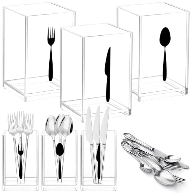 Geelin 3 Pcs Acrylic Silverware Caddy for Party Utensil Holder 3.93 x 2.51 x 2.51 Cutlery Organizer Countertop Knife Spoon and Fork Holder Kitchen Tableware Storage Box for Cabinet Dining Room