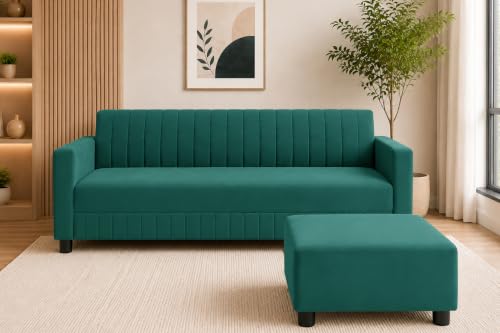 Image of 3 Seater Velvet Sofa with Ottoman | Modern Upholstered Couch | Comfortable Living Room Sofa | Durable & Stylish Seating for Home, Office & Guest Room - Green Color