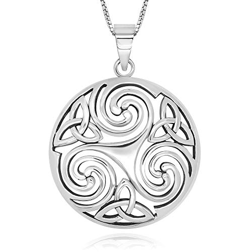 925 Sterling Silver Celtic Triple Spiral Triskele Triskelion Round Pendant Necklace, 18"