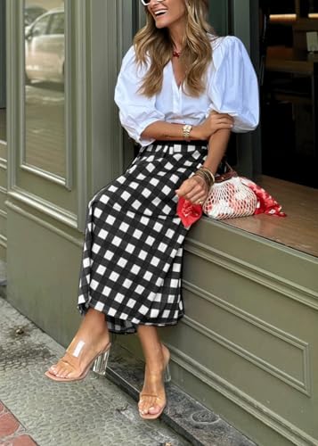 CHARTOU Women's Summer Gingham Long Skirt Casual High Waisted A Line Plaid Printed Flowy Skirt with Pockets2