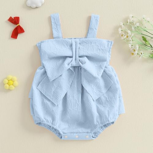 Infant Baby Girl Summer Clothes Bow bodysuit Layer Ruffles Starp Bubble Romper Newborn Sleeveless Outfit4
