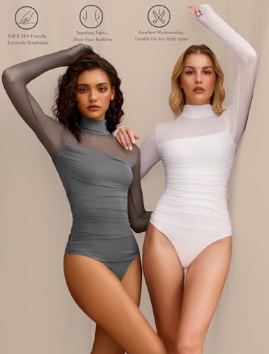 Image of Avidlove Women Long Sleeve Bodysuit Turtle Neck Shapewear Body Suits Mesh One Piece Leotard Shirt Going Out Tops Fall Outfits