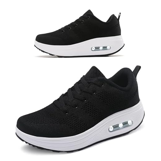 RUIDENG Tênis de plataforma feminino com almofada de ar | Sapatos de caminhada femininos confortáveis o dia todo | Fundo basculante grosso, Preto, 7.5