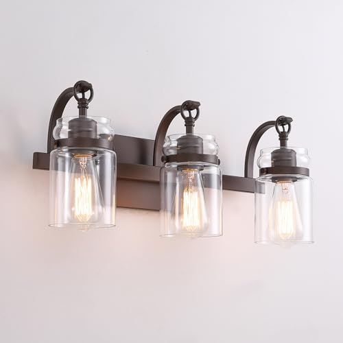 Image of 3 Light Bathroom Vanity Light, Oil Rubbed Bronze Bathroom Light Fixtures Over Mirror, Farmhouse Vanity Light with Clear Glass Shade