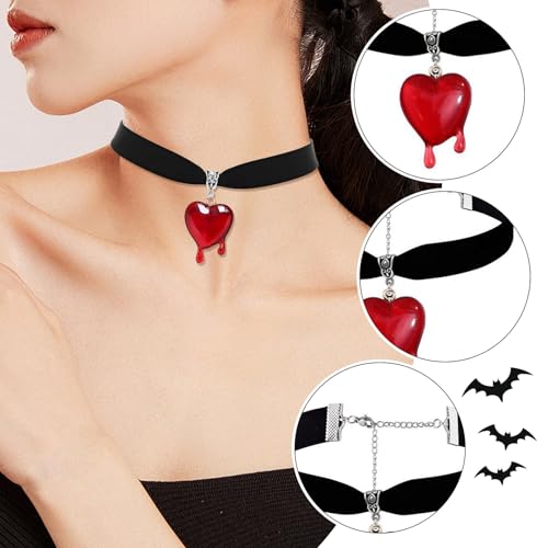 Kinretixia Choker-Halskette mit tropfendem Blutherz, Y2k, schwarzer Samt, roter Herzanhänger, Choker, Vampirschmuck, Geschenk für Frauen Halloween-Accessoires Karnevals-Accessoires