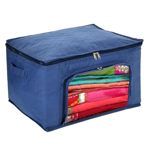 Image of Kuber Industries Clothes Organiser | Zipper Closure Storage Bag | Non-Woven Travel Storage Bag | Wardrobe Organizer With Transparent View | Blue, 24 x41 Cm