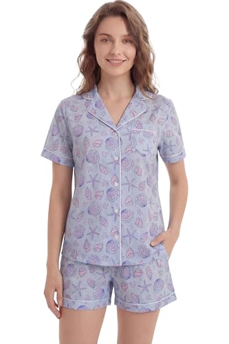 Image of LUBOT 100% Cotton Pajamas for Women 2 Piece PJ Set Poplin Woven Lightweight Ladies Button Short Sleeve Sleepwear S-XXL