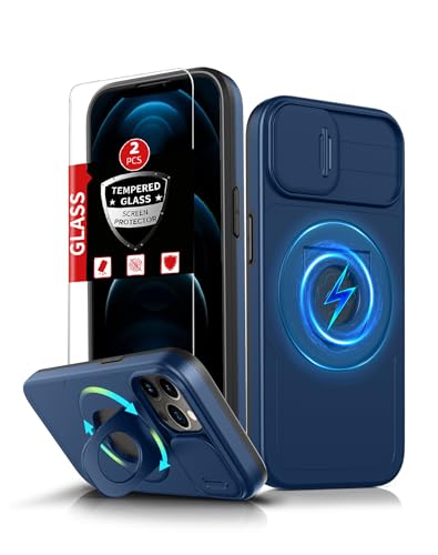 FRLMOOES for iPhone 12 Case/for iPhone 12 Pro Case Magnetic Compatible with MagSafe Wireless Charging,with 2 Screen Protectors,with Kickstand+Camera Cover Shock-Absorbent Heavy Duty Protection Blue