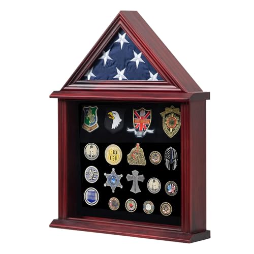 JDECO Small Military Burial Flag Display Case & Medal Shadow Case,Mahogany