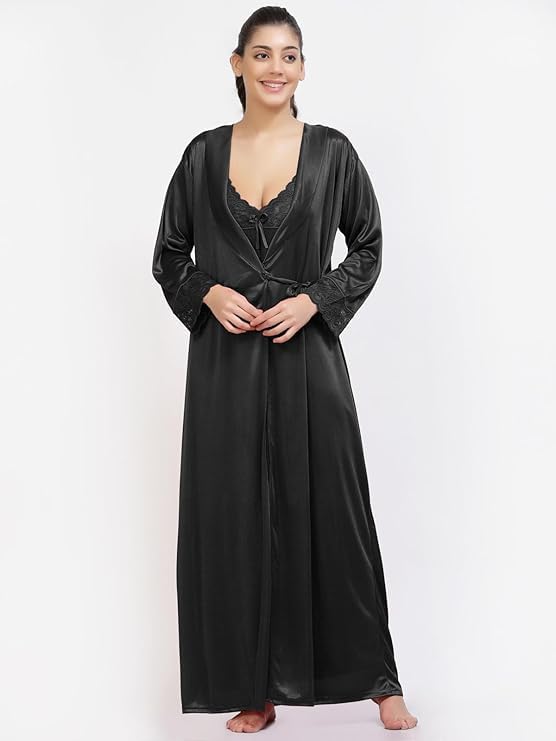 come4try Women's Satin Nightgown Set with Robe, Black, XXL - Image 2