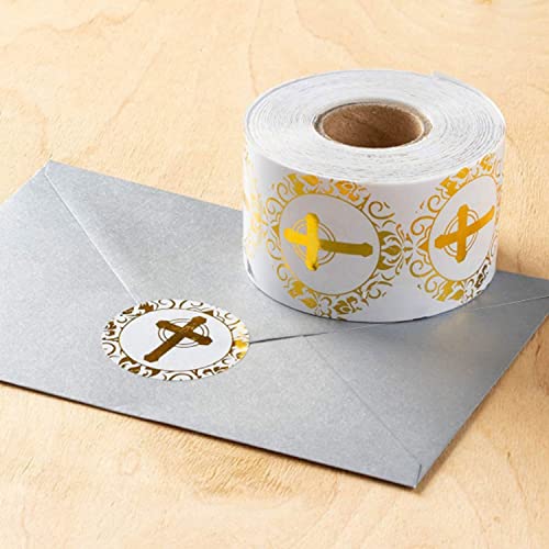 500-Piece Stickers Roll, Cross Design Round Labels With Gold Foil Finish, Round Labels Ideal For Christening, Communion, Christian Occassions, 1 Inch/2.5 Cm In Diameter (Cross) #TOP7