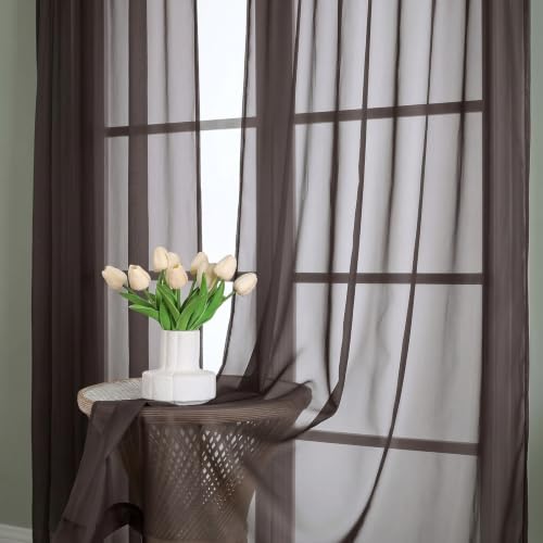 Image of Chocolate Sheer Curtains 72 Inches Long 2 Panels Set, Light Filtering Sheer Curtains for Living Room Bedroom 59 Inch Extra Wide, Modern Voile Filmy Rod Pocket Window Drapes, 59Wx72L Inches