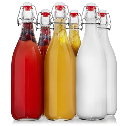Swing Top Glass Bottles [1 Liter / 33 fl. oz.] [Pack of 6] – Flip Top Coquito Bottles for Kombucha, Fermentation, Beer, Kefir, Wine – Airtight Stopper Lids with Extra Gaskets, Funnel, Labels & More