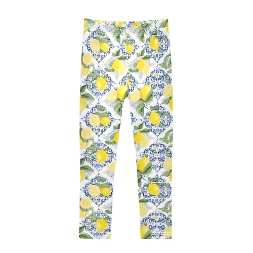 Girls' Athletic Leggings Ankle Length Yoga Dance Pants Kids Teen 4T Lemon Leaves