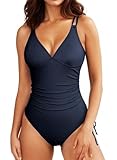 Aleumdr Sexy One Piece Swimsuit for Women Ruched Tummy Control Bathing Suit High Cut V Neck Tie Side Swimwear Dark Blue Medium