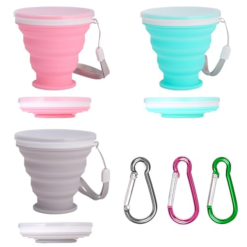 ZOCONE Lot de 3 Gobelet Pliable, Tasse Pliable en Silicone 200ml, Gobelet Retractable Réutilisable avec Couvercle & Boucle - pour...