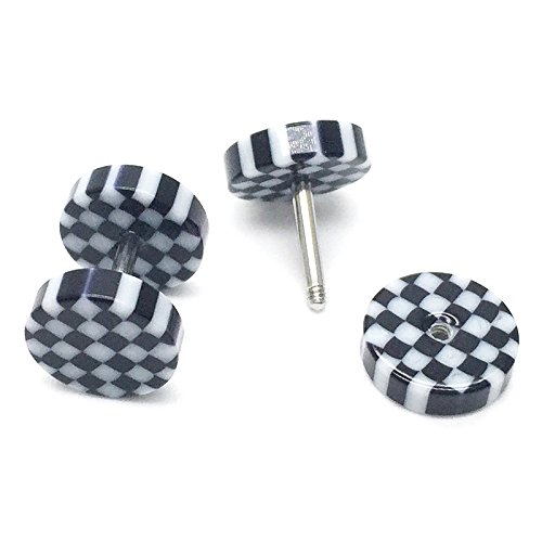 Black White Checker 8mm Circle Screw Stud Earrings for Men Women, Cheater Fake Ear Plug Gauge Tunnel3