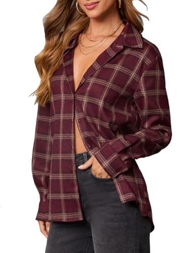 NUOREEL Womens Flannel Shirts Plaid Shacket Long Sleeve Button Down Shirts Casual Blouses Tops (US...
