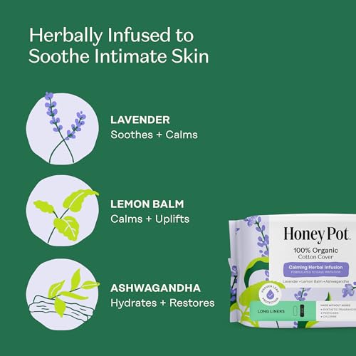 Image of Honey Pot - Calming Long Panty Liners for Women - 100% Organic Cotton Top Sheet - Feminine Care - Non Cooling - Calming Herbs of Lavender, Ashwagandha, & Lemon Balm - 120ct