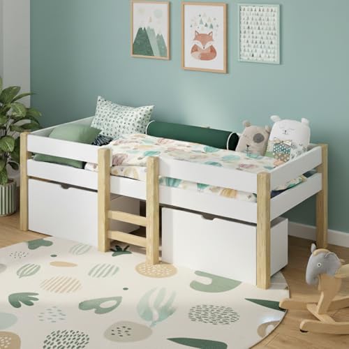 Bellabino Aspy Kinderbett 90x200 cm – Hochbett mit 2 Schubladen,...