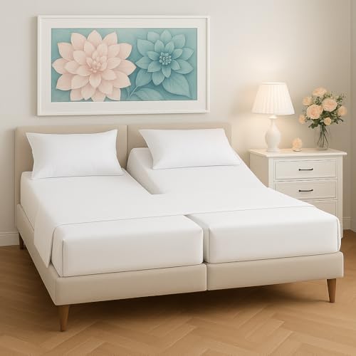 Mattress-Homes Split King Sheets for Adjustable Bed 5 Piece, Cotton Split King Sheet Set, Twin XL Fitted Sheets Deep Pocket 15-18 Inch, Soft Breathable Adjustable Bed Sheets White Stripe