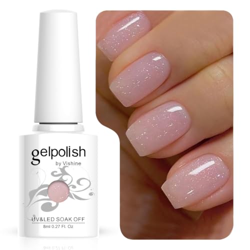 Vishine Esmalte Gel Semipermanente Transparente con Purpurina Rosa Nude, Esmalte de Uñas Jelly Lechoso con Purpurina Soak-Off UV LED Nude Para Estudio de Manicura DIY en Casa 8ml